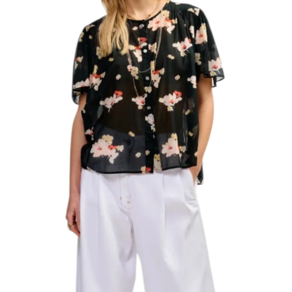 Women's Bellerose Plum Blouse Black Short Sleeve Button Front Wide Sleeves Small